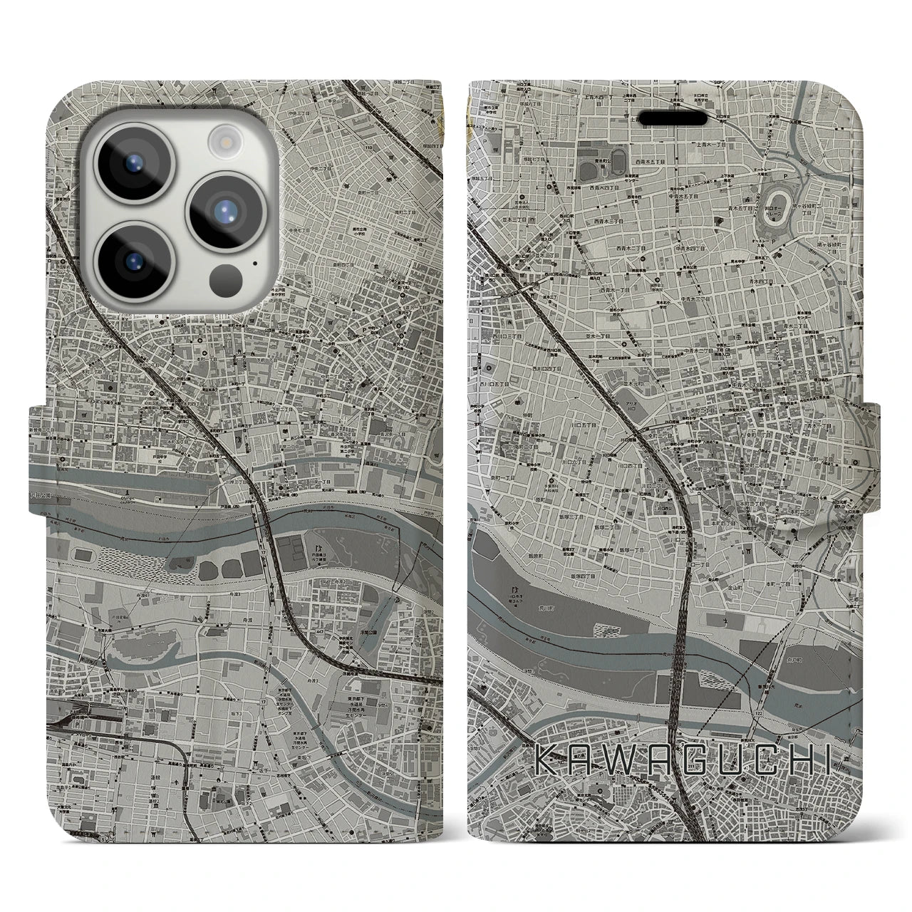 【川口】地図柄iPhoneケース（手帳両面タイプ・モノトーン）iPhone 15 Pro 用