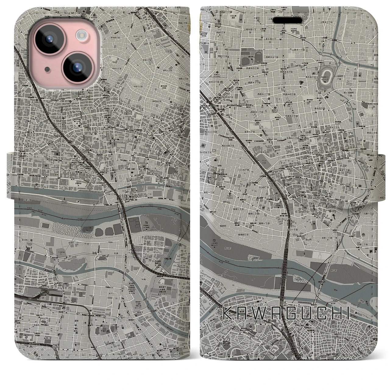 【川口】地図柄iPhoneケース（手帳両面タイプ・モノトーン）iPhone 15 Plus 用