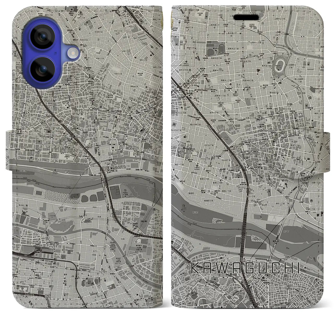 【川口（埼玉県）】地図柄iPhoneケース（手帳タイプ）モノトーン・iPhone 16 Pro Max 用