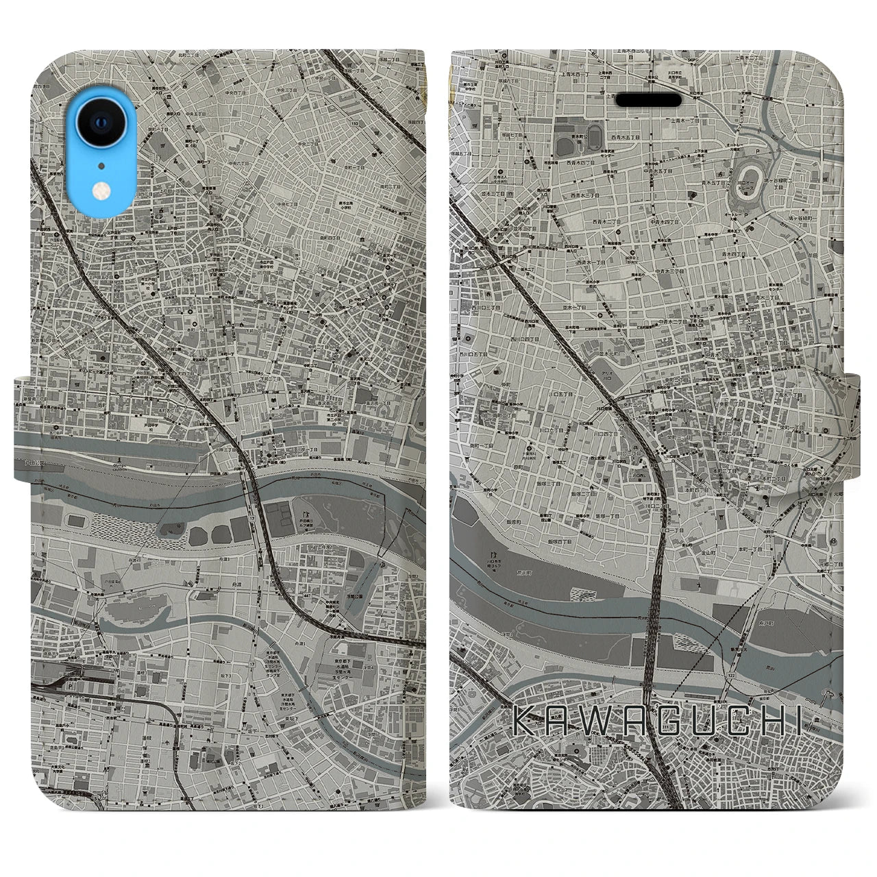【川口】地図柄iPhoneケース（手帳両面タイプ・モノトーン）iPhone XR 用