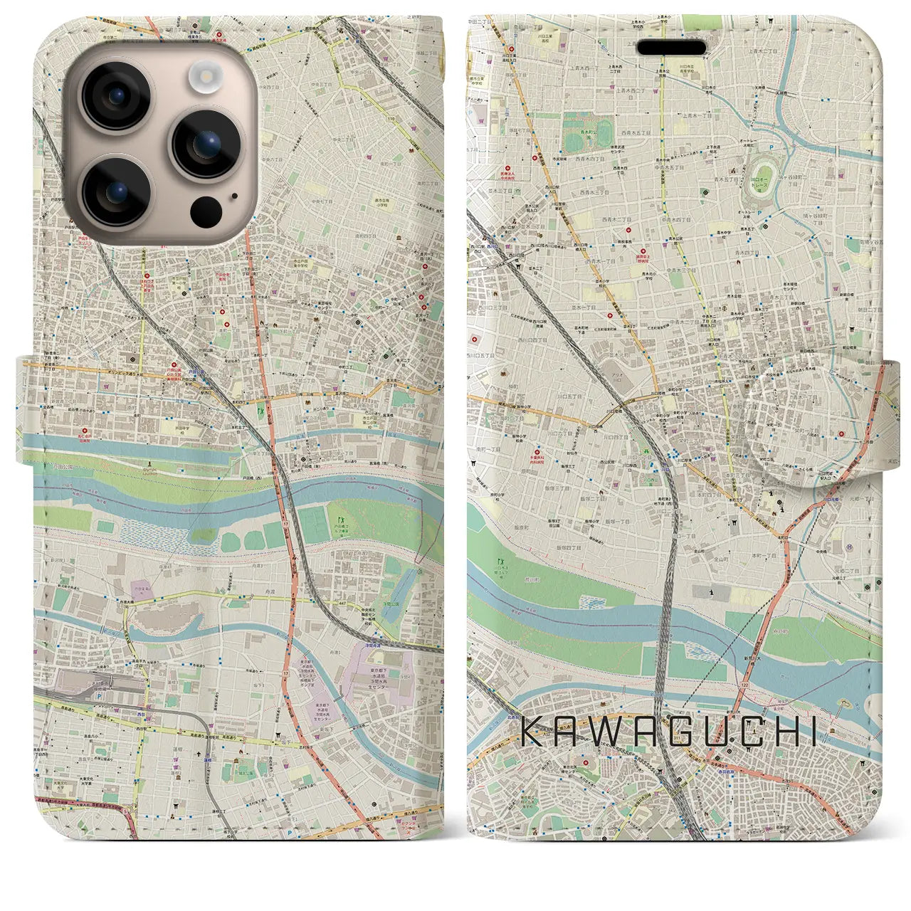 【川口（埼玉県）】地図柄iPhoneケース（手帳タイプ）ナチュラル・iPhone 16 Plus 用