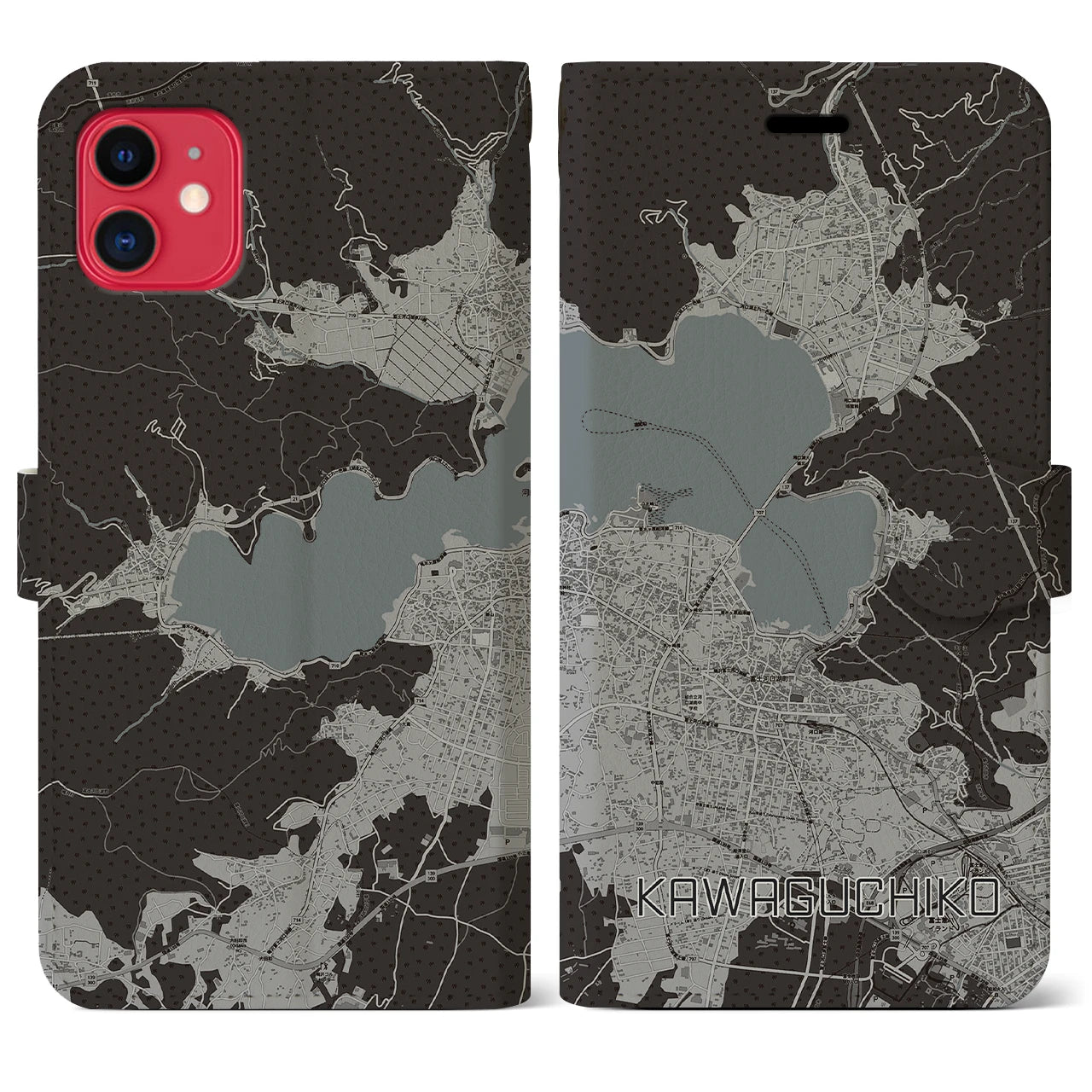 【河口湖】地図柄iPhoneケース（手帳両面タイプ・モノトーン）iPhone 11 用