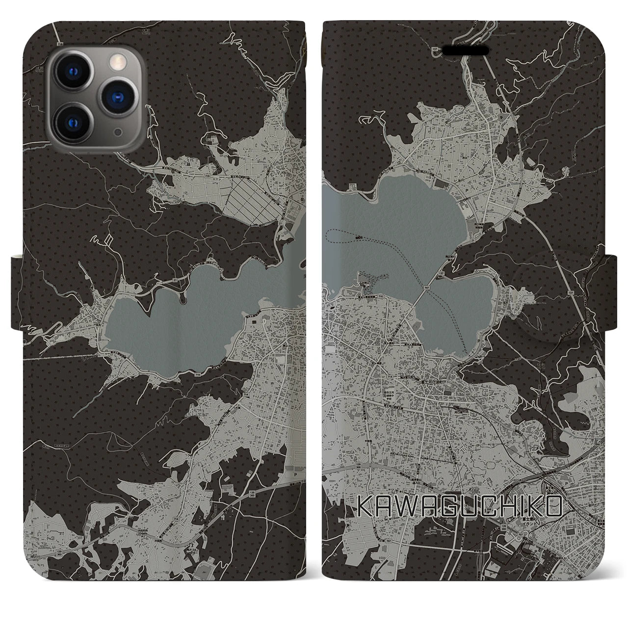 【河口湖】地図柄iPhoneケース（手帳両面タイプ・モノトーン）iPhone 11 Pro Max 用