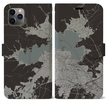 【河口湖（山梨県）】地図柄iPhoneケース（手帳タイプ）モノトーン・iPhone 11 Pro Max 用