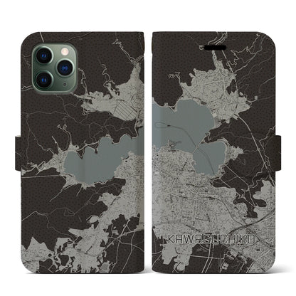【河口湖（山梨県）】地図柄iPhoneケース（手帳タイプ）モノトーン・iPhone 11 Pro 用