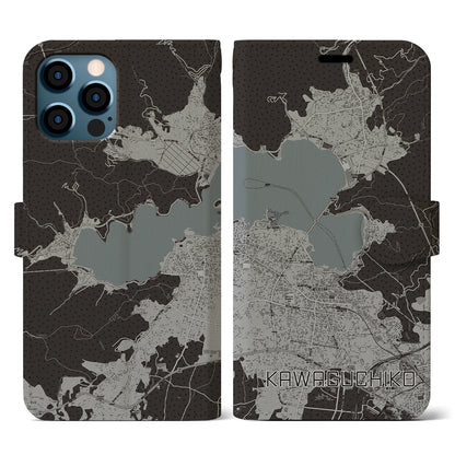 【河口湖（山梨県）】地図柄iPhoneケース（手帳タイプ）モノトーン・iPhone 12 / 12 Pro 用