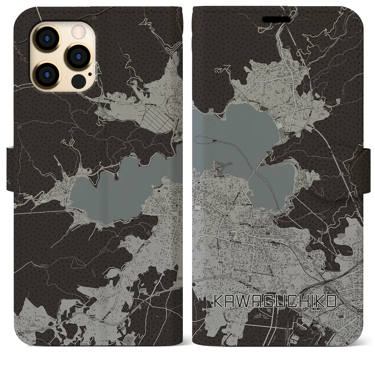 【河口湖】地図柄iPhoneケース（手帳両面タイプ・モノトーン）iPhone 12 Pro Max 用