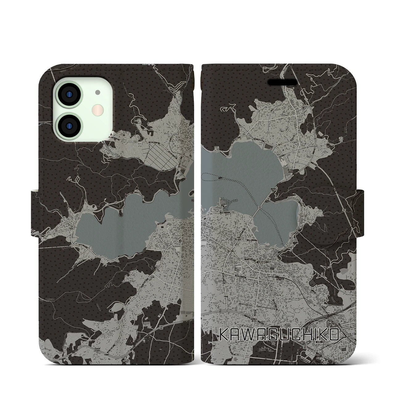 【河口湖】地図柄iPhoneケース（手帳両面タイプ・モノトーン）iPhone 12 mini 用