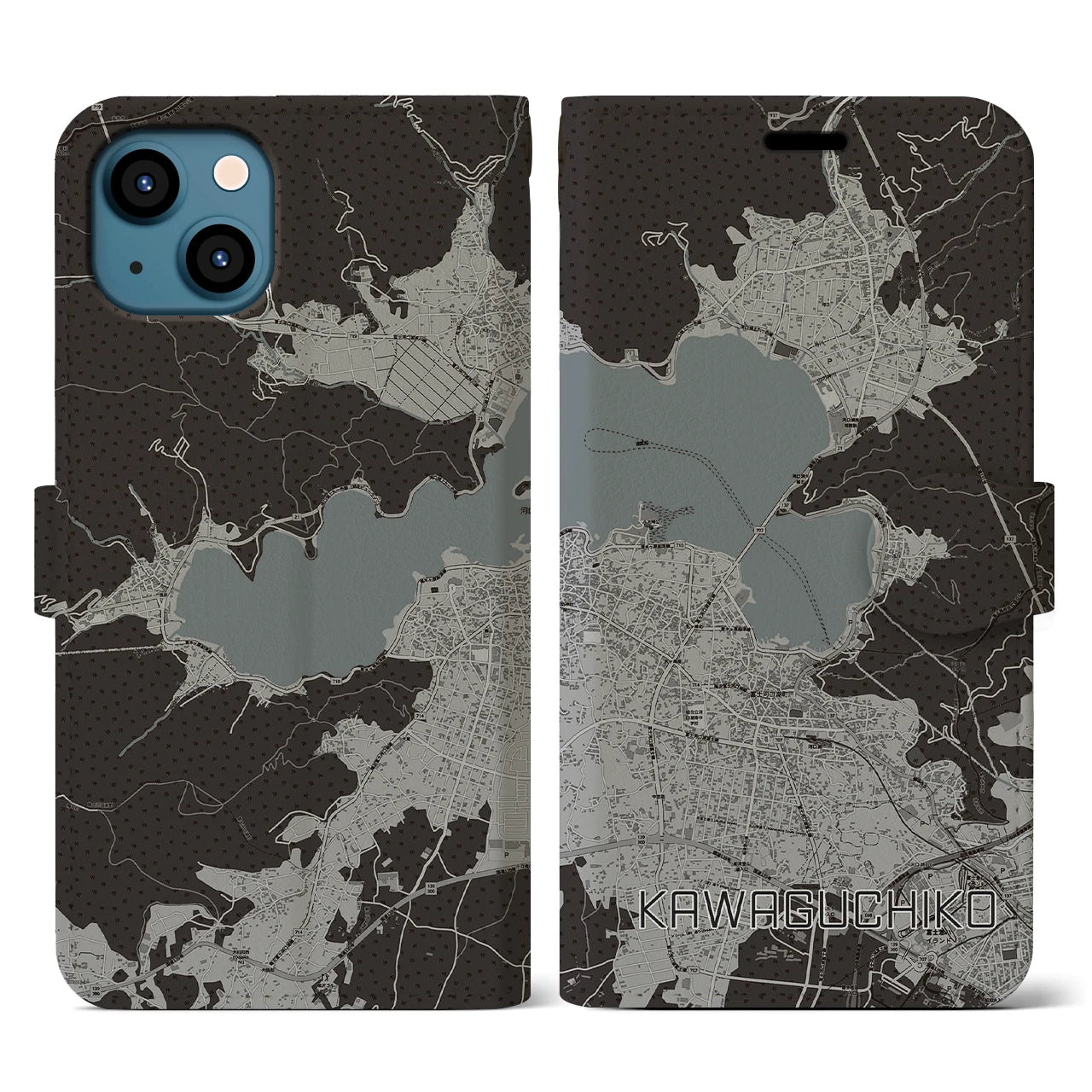 【河口湖】地図柄iPhoneケース（手帳両面タイプ・モノトーン）iPhone 13 用