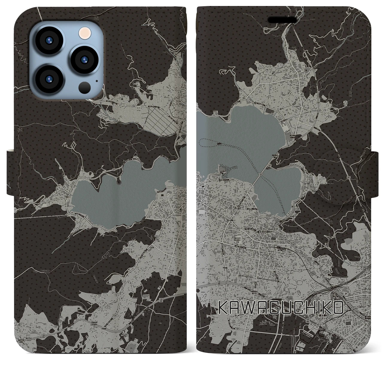 【河口湖】地図柄iPhoneケース（手帳両面タイプ・モノトーン）iPhone 13 Pro Max 用
