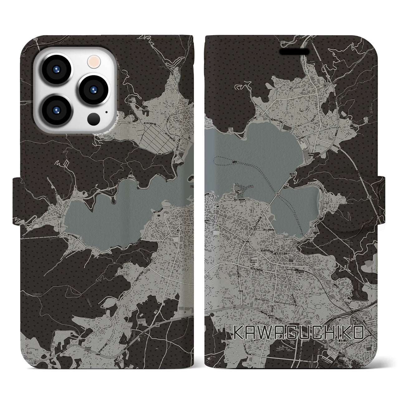 【河口湖】地図柄iPhoneケース（手帳両面タイプ・モノトーン）iPhone 13 Pro 用