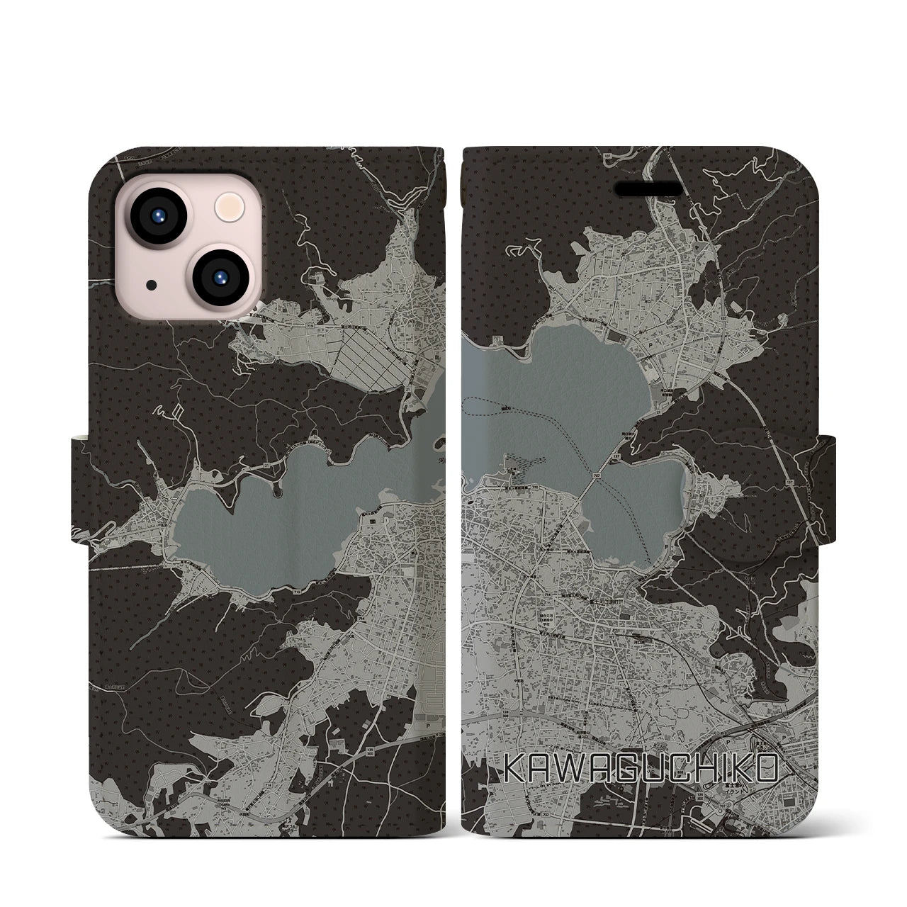 【河口湖】地図柄iPhoneケース（手帳両面タイプ・モノトーン）iPhone 13 mini 用
