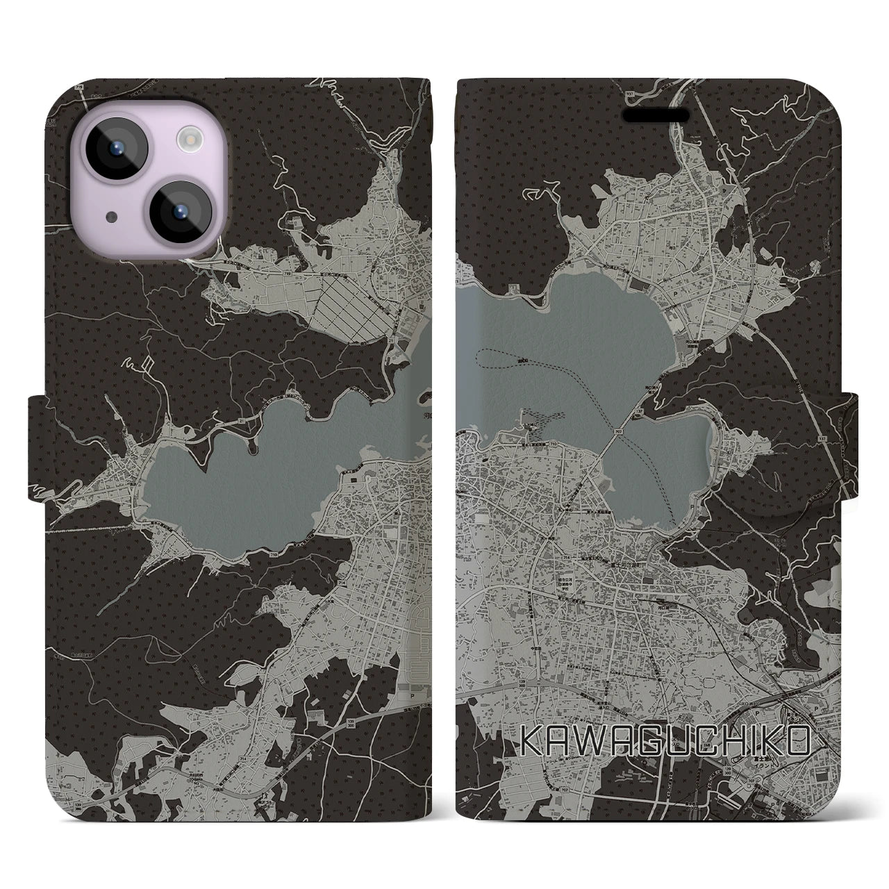 【河口湖】地図柄iPhoneケース（手帳両面タイプ・モノトーン）iPhone 14 用