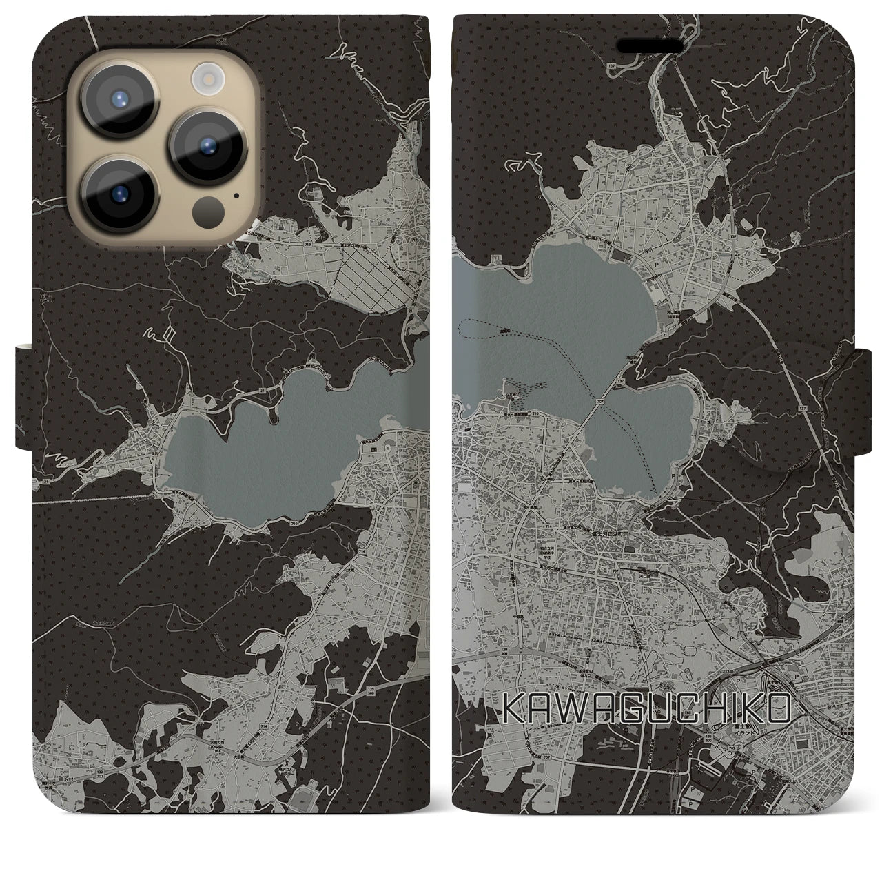 【河口湖】地図柄iPhoneケース（手帳両面タイプ・モノトーン）iPhone 14 Pro Max 用