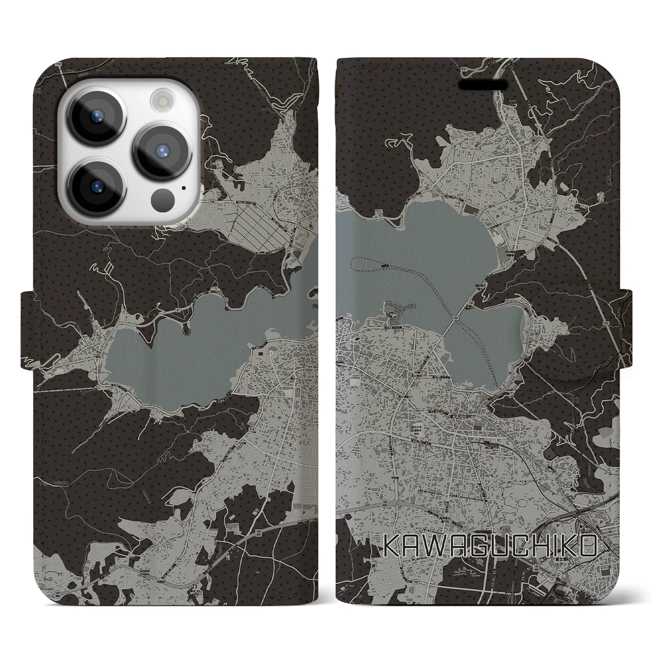 【河口湖】地図柄iPhoneケース（手帳両面タイプ・モノトーン）iPhone 14 Pro 用