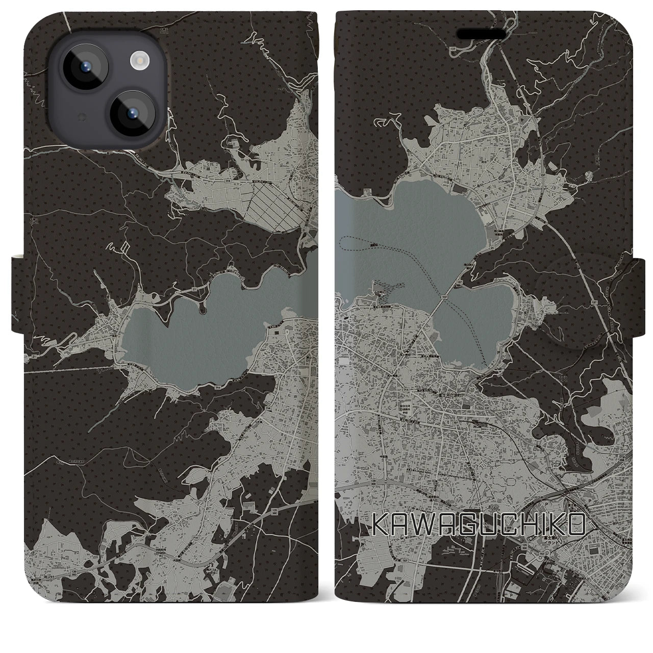 【河口湖】地図柄iPhoneケース（手帳両面タイプ・モノトーン）iPhone 14 Plus 用