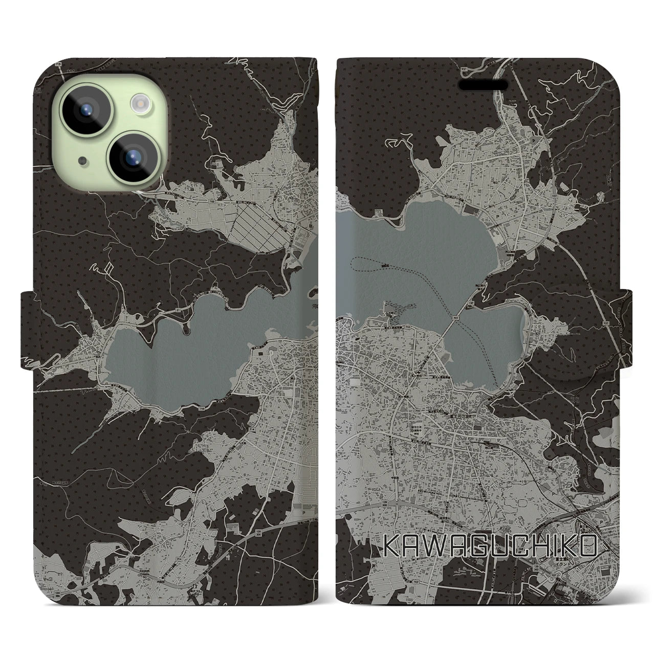 【河口湖】地図柄iPhoneケース（手帳両面タイプ・モノトーン）iPhone 15 用