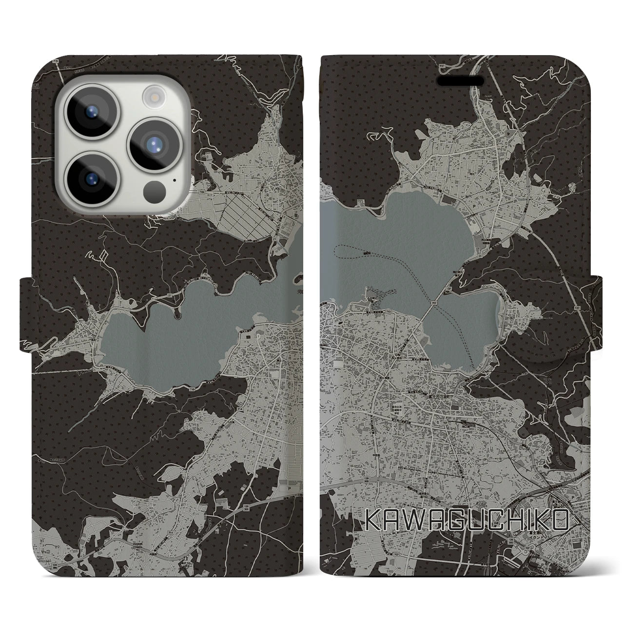 【河口湖】地図柄iPhoneケース（手帳両面タイプ・モノトーン）iPhone 15 Pro 用