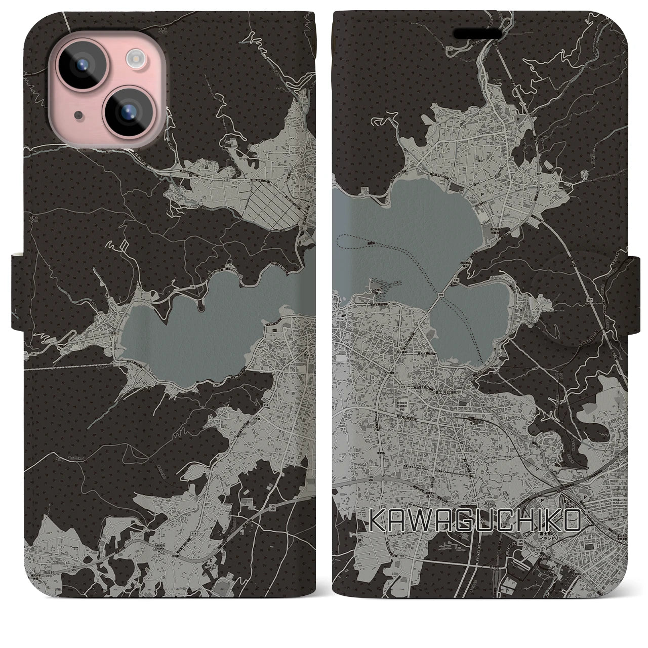 【河口湖】地図柄iPhoneケース（手帳両面タイプ・モノトーン）iPhone 15 Plus 用