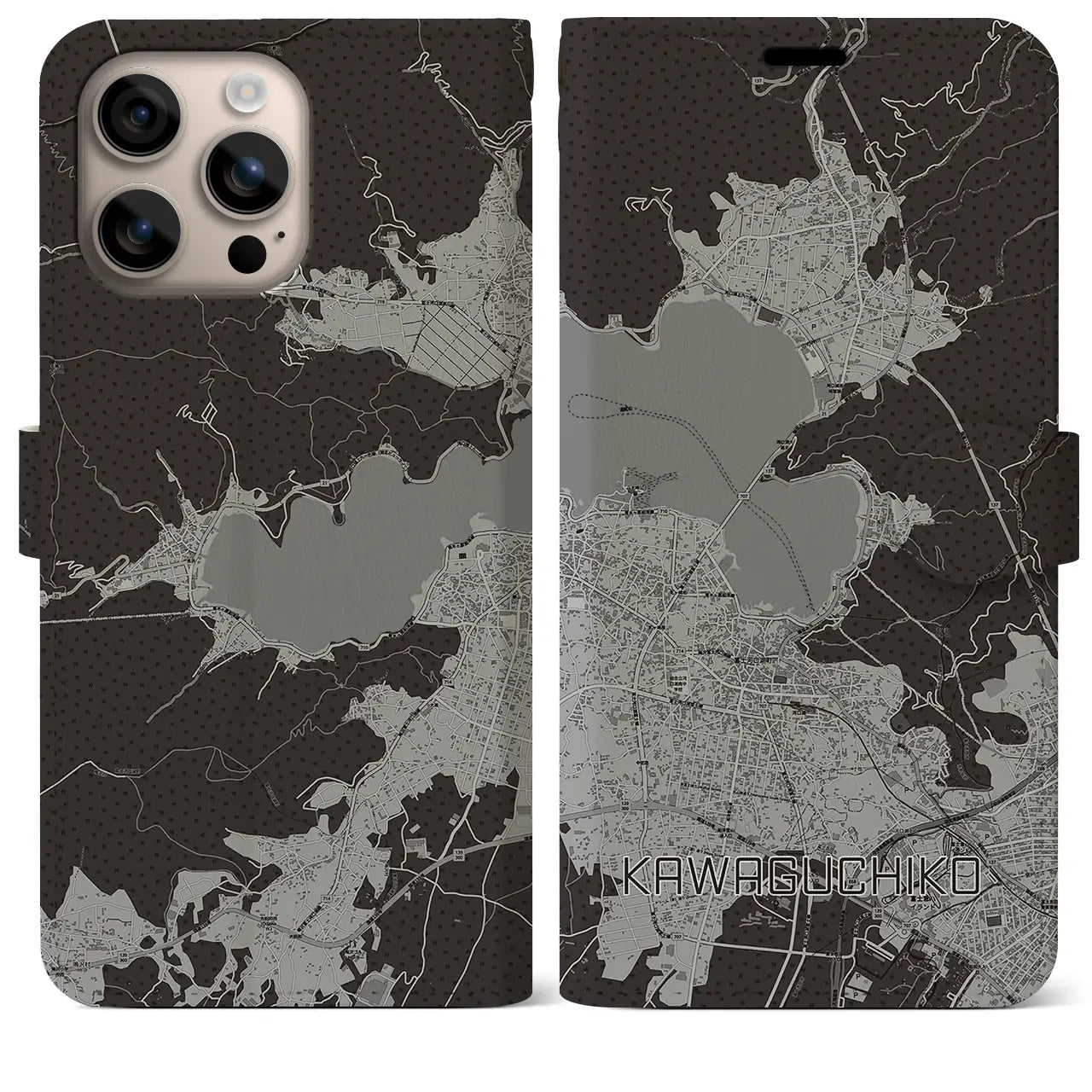 【河口湖（山梨県）】地図柄iPhoneケース（手帳タイプ）モノトーン・iPhone 16 Plus 用