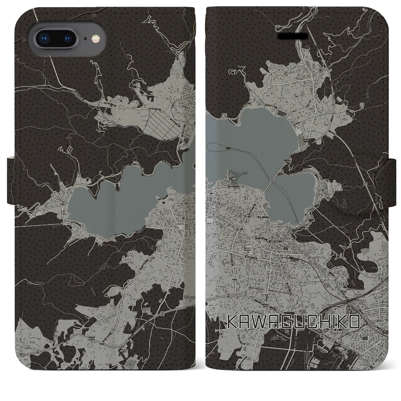 【河口湖】地図柄iPhoneケース（手帳両面タイプ・モノトーン）iPhone 8Plus /7Plus / 6sPlus / 6Plus 用