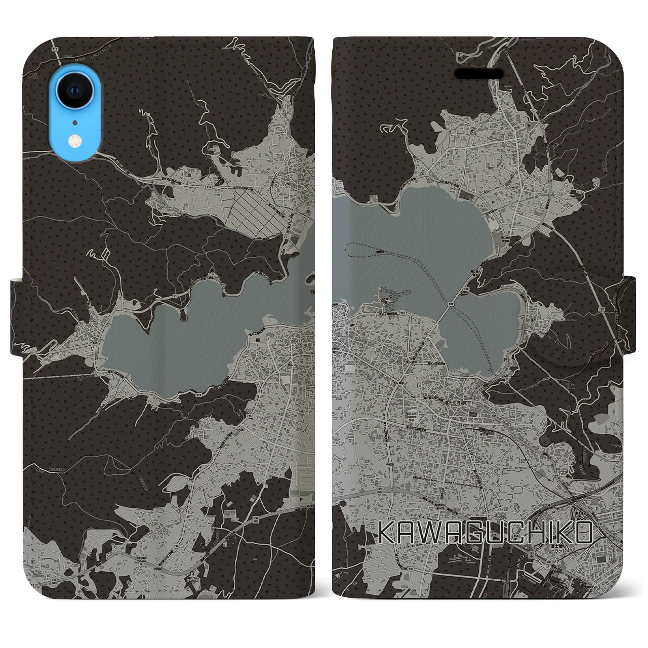 【河口湖】地図柄iPhoneケース（手帳両面タイプ・モノトーン）iPhone XR 用
