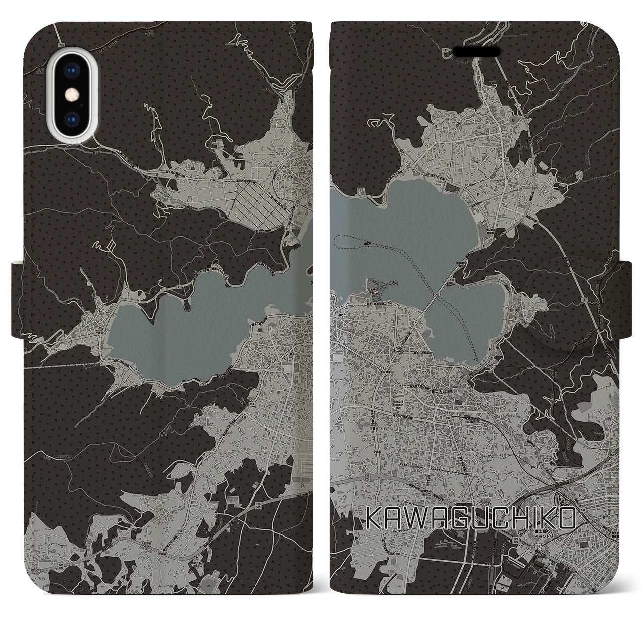 【河口湖】地図柄iPhoneケース（手帳両面タイプ・モノトーン）iPhone XS Max 用