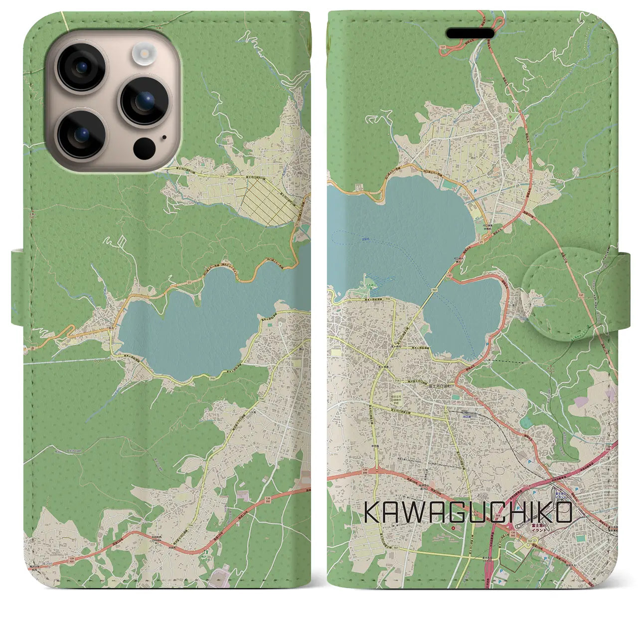 【河口湖（山梨県）】地図柄iPhoneケース（手帳タイプ）ナチュラル・iPhone 16 Plus 用