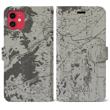 【河合（奈良県）】地図柄iPhoneケース（手帳タイプ）モノトーン・iPhone 11 用