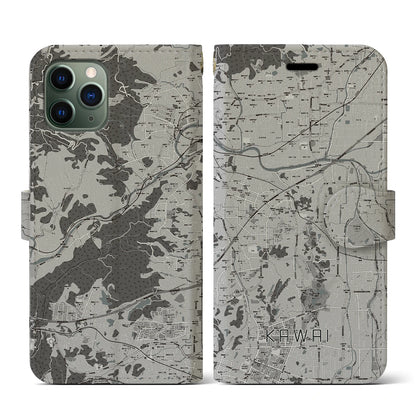 【河合（奈良県）】地図柄iPhoneケース（手帳タイプ）モノトーン・iPhone 11 Pro 用
