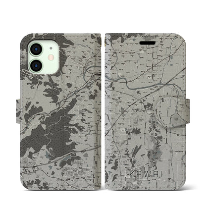 【河合（奈良県）】地図柄iPhoneケース（手帳タイプ）モノトーン・iPhone 12 mini 用