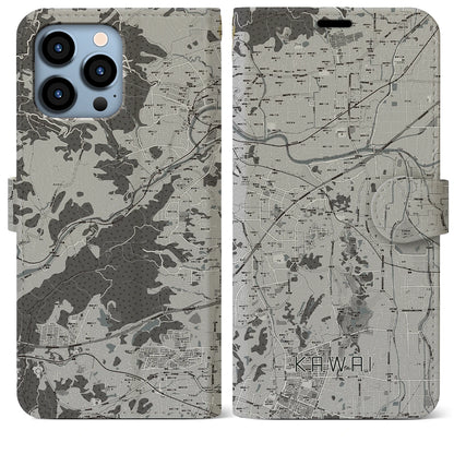 【河合（奈良県）】地図柄iPhoneケース（手帳タイプ）モノトーン・iPhone 13 Pro Max 用
