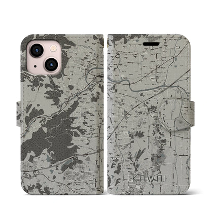【河合（奈良県）】地図柄iPhoneケース（手帳タイプ）モノトーン・iPhone 13 mini 用