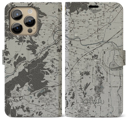 【河合（奈良県）】地図柄iPhoneケース（手帳タイプ）モノトーン・iPhone 14 Pro Max 用