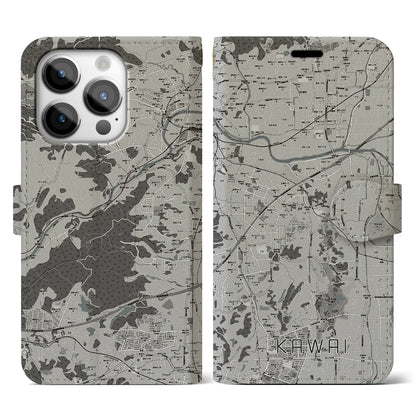 【河合（奈良県）】地図柄iPhoneケース（手帳タイプ）モノトーン・iPhone 14 Pro 用