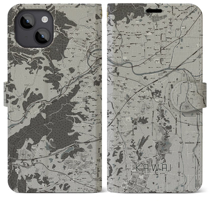 【河合（奈良県）】地図柄iPhoneケース（手帳タイプ）モノトーン・iPhone 14 Plus 用