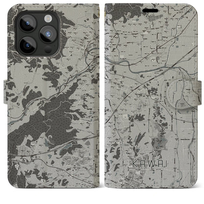 【河合（奈良県）】地図柄iPhoneケース（手帳タイプ）モノトーン・iPhone 15 Pro Max 用