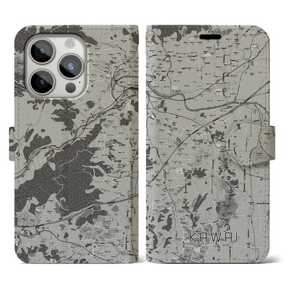【河合（奈良県）】地図柄iPhoneケース（手帳タイプ）モノトーン・iPhone 15 Pro 用