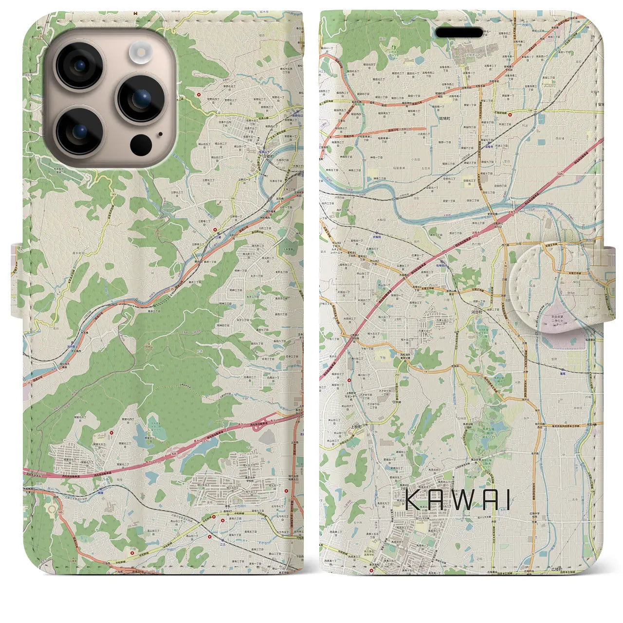 【河合（奈良県）】地図柄iPhoneケース（手帳タイプ）ナチュラル・iPhone 16 Plus 用