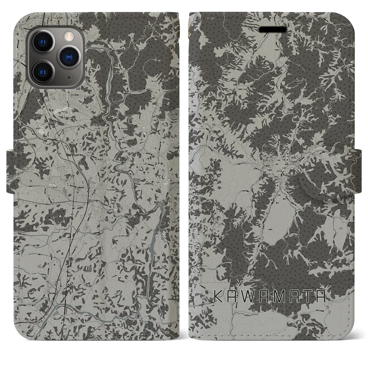 【川俣（福島県）】地図柄iPhoneケース（手帳タイプ）モノトーン・iPhone 11 Pro Max 用