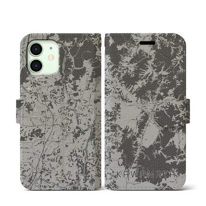 【川俣（福島県）】地図柄iPhoneケース（手帳タイプ）モノトーン・iPhone 12 mini 用