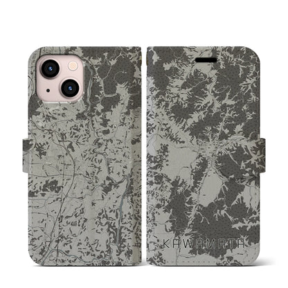 【川俣（福島県）】地図柄iPhoneケース（手帳タイプ）モノトーン・iPhone 13 mini 用