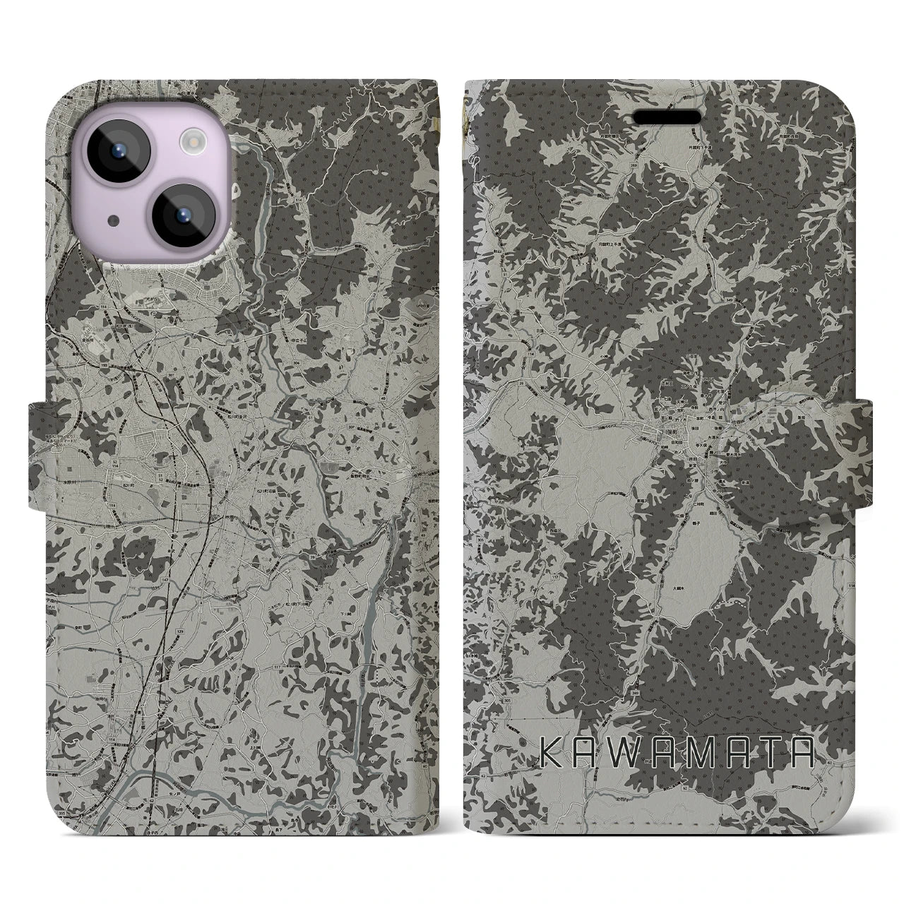【川俣（福島県）】地図柄iPhoneケース（手帳タイプ）モノトーン・iPhone 14 用