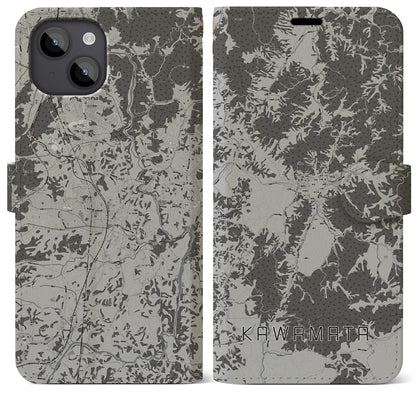 【川俣（福島県）】地図柄iPhoneケース（手帳タイプ）モノトーン・iPhone 14 Plus 用