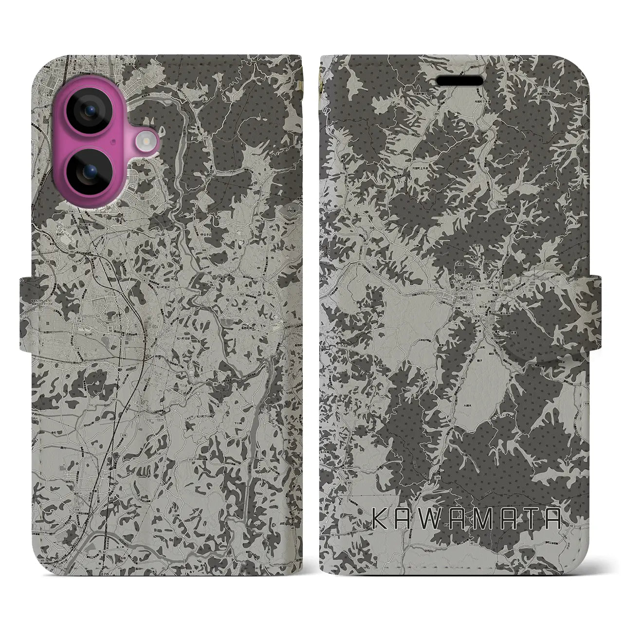 【川俣（福島県）】地図柄iPhoneケース（手帳タイプ）モノトーン・iPhone 16 Pro 用