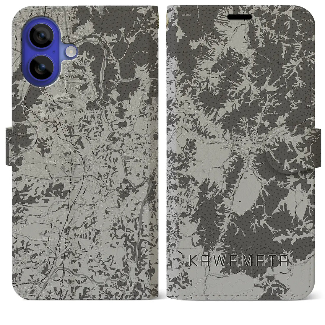 【川俣(福島県)】地図柄iPhoneケース(手帳タイプ)モノトーン・iPhone 16 Pro Max 用