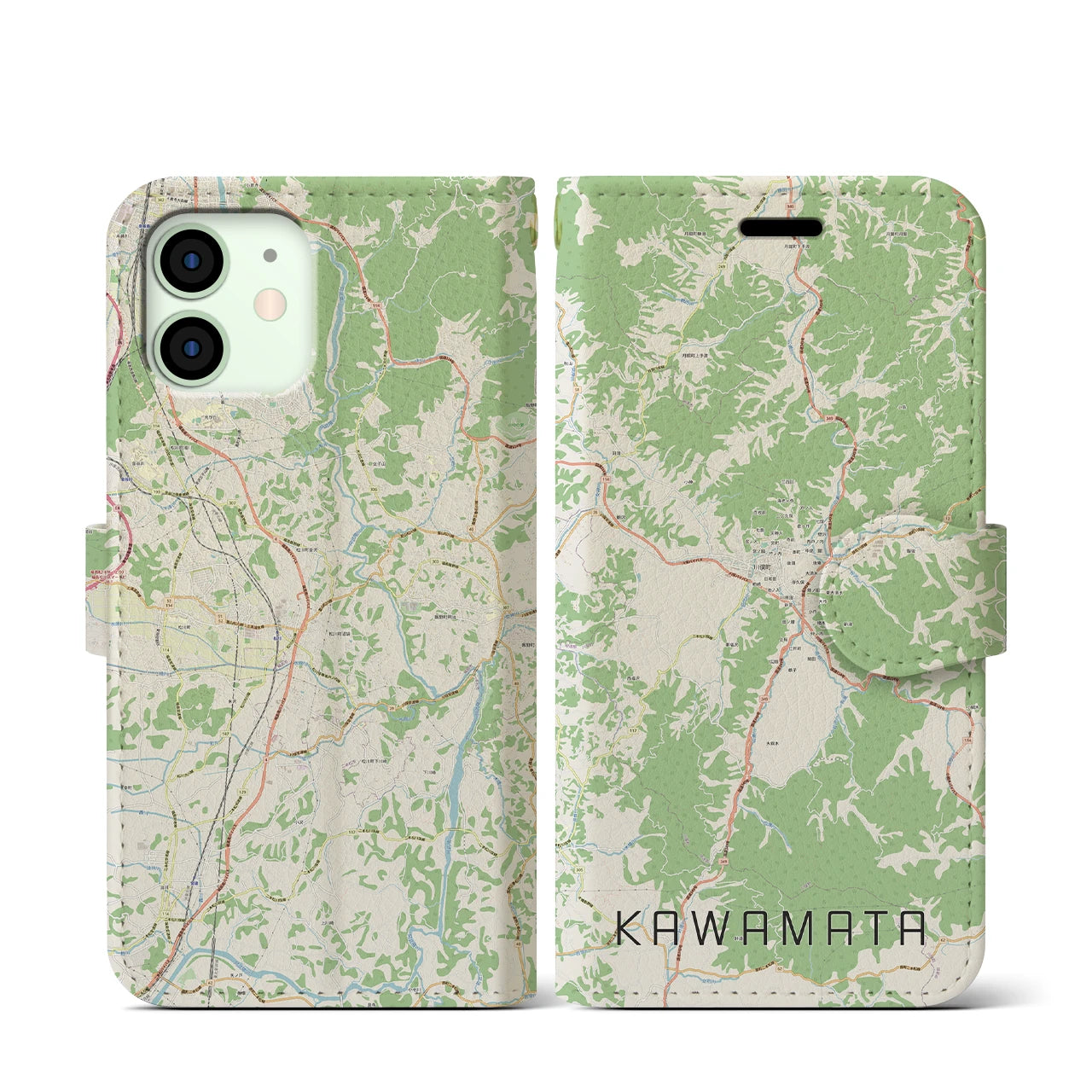 【川俣（福島県）】地図柄iPhoneケース（手帳タイプ）ナチュラル・iPhone 12 mini 用