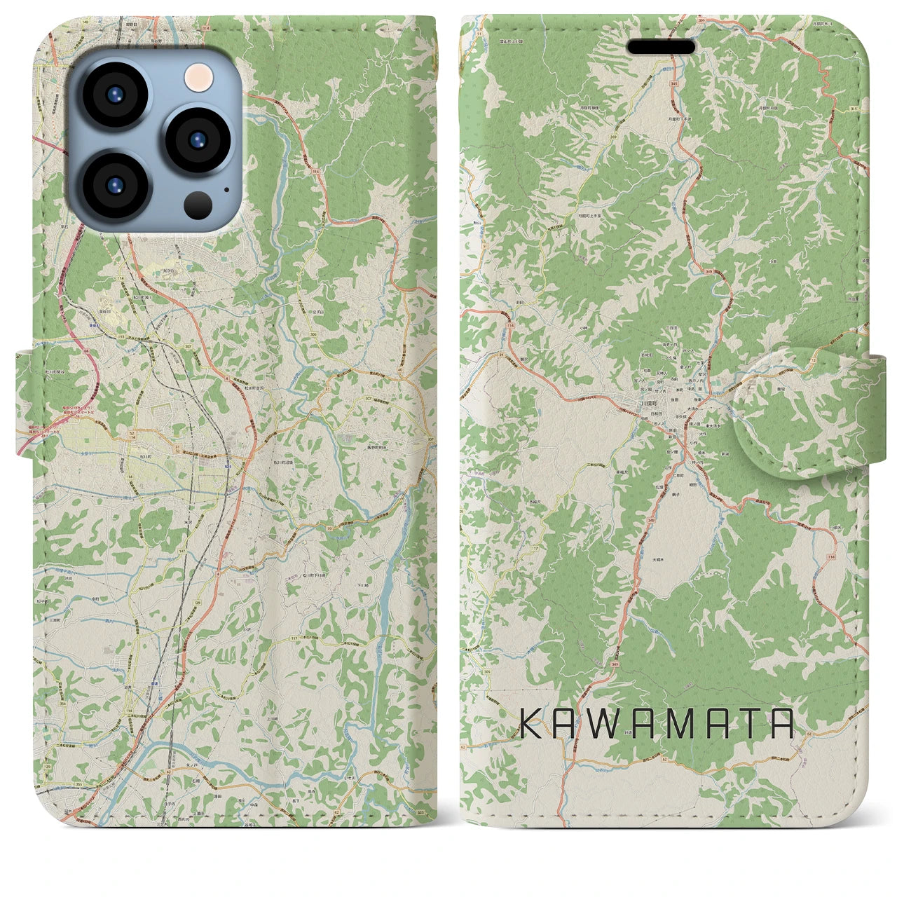 【川俣（福島県）】地図柄iPhoneケース（手帳タイプ）ナチュラル・iPhone 13 Pro Max 用