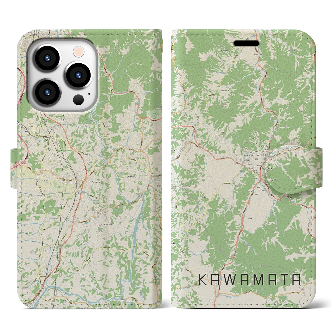 【川俣（福島県）】地図柄iPhoneケース（手帳タイプ）ナチュラル・iPhone 13 Pro 用