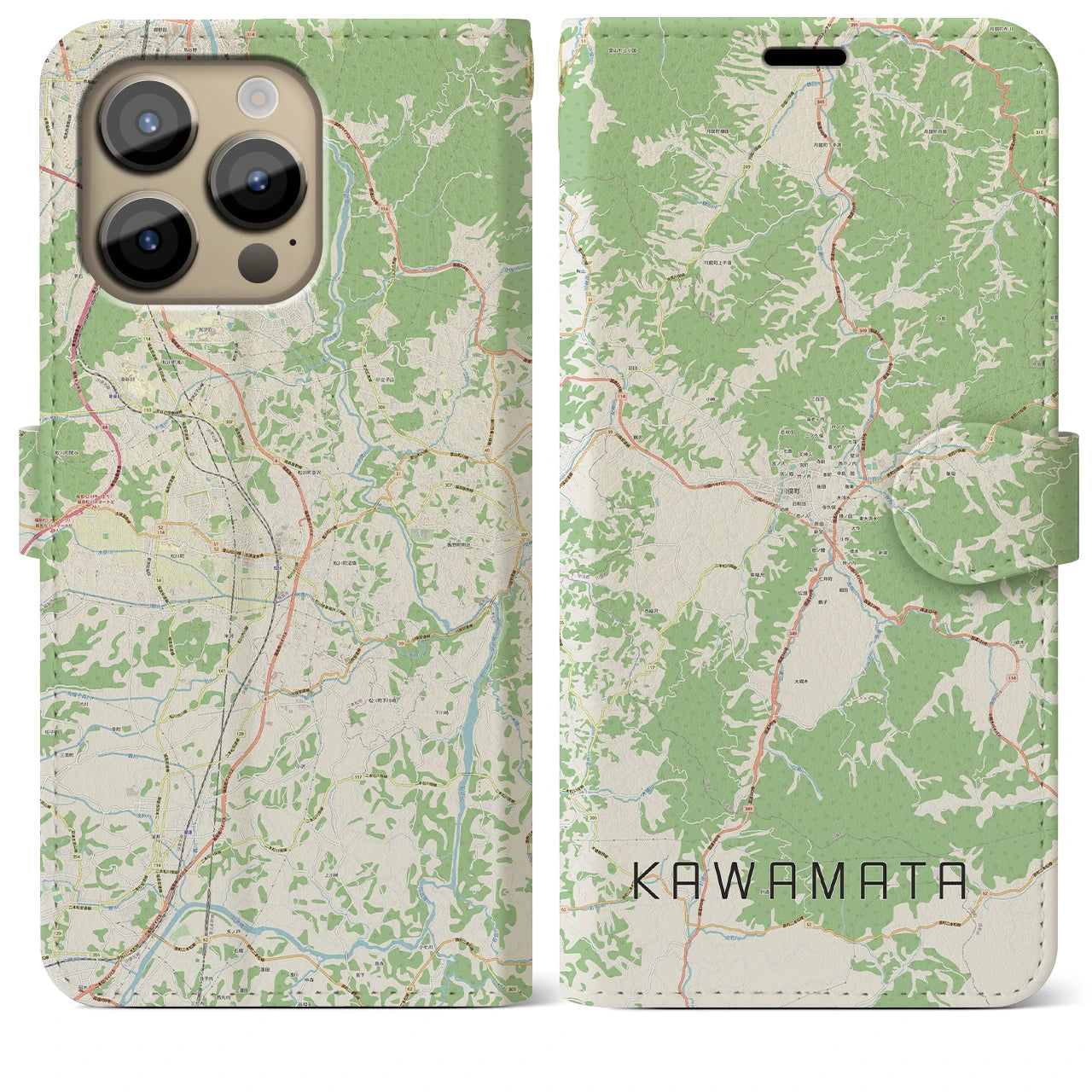 【川俣（福島県）】地図柄iPhoneケース（手帳タイプ）ナチュラル・iPhone 14 Pro Max 用